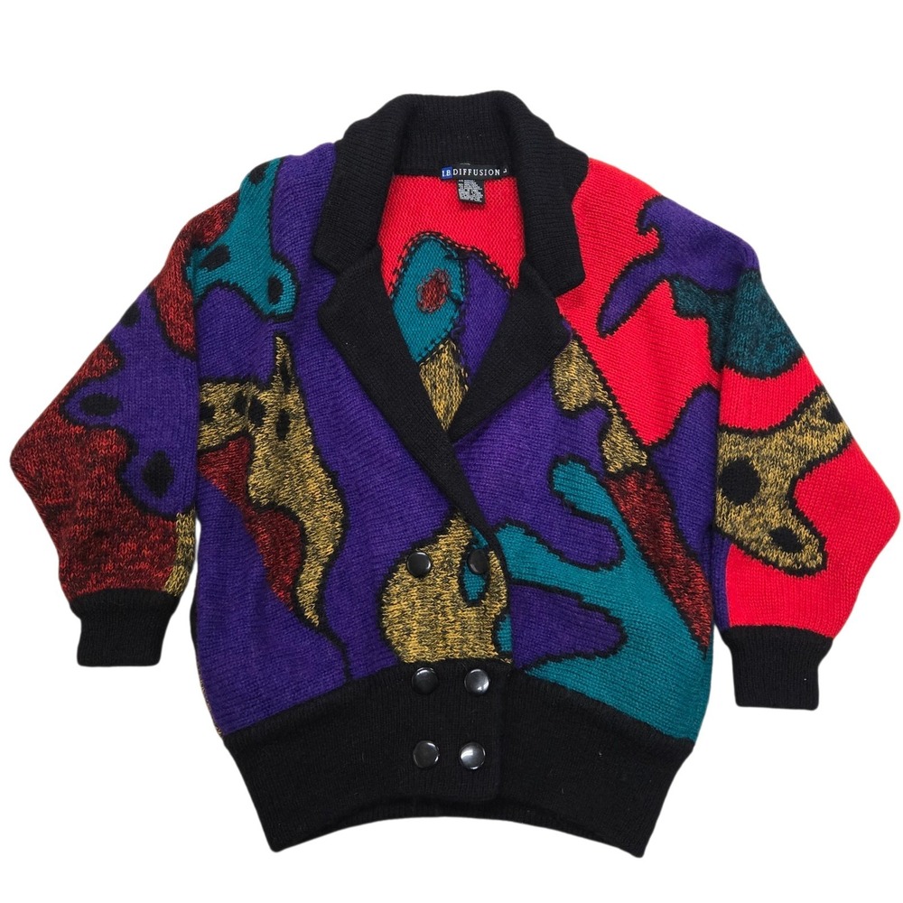 Vtg 80s I.B Diffusion Colorful Abstract Double Breasted Cardigan L 40% Wool